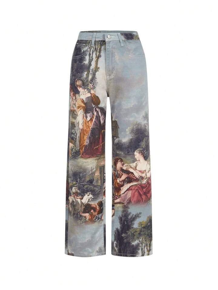 SHEIN MOD Figure & Plant Print Wide Leg Jeans | SHEIN