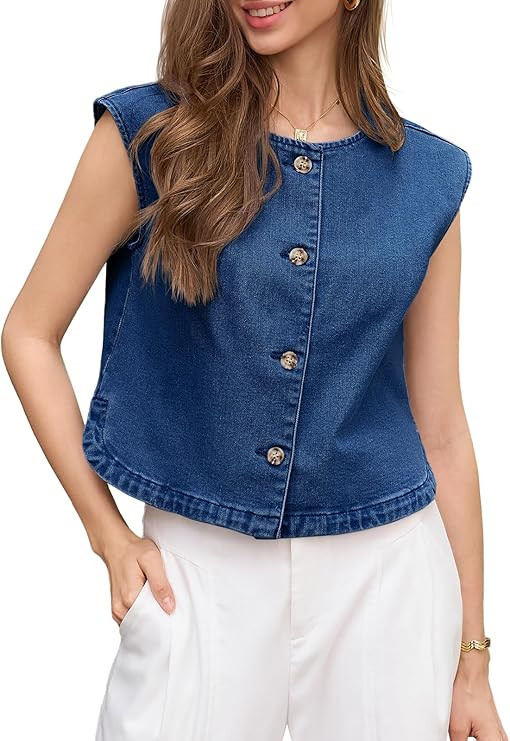 Tankaneo Womens Cropped Cap Sleeve Denim Vest Summer Button Down Jean Tank Tops Trendy Casual Wai... | Amazon (US)