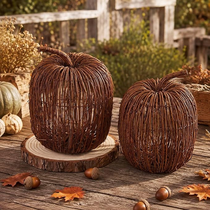 Weysat 2 Pcs 12" Artificial Wicker Pumpkin Farmhouse Fall Table Decorations | Large Fake Rattan P... | Amazon (US)