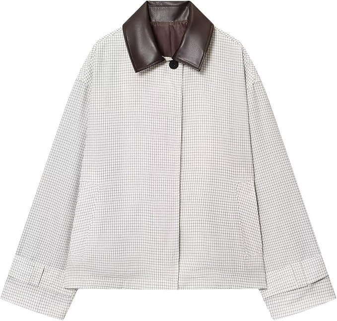 Chevara Women’s Cropped Barn Jacket Oversized Long Sleeve Button Down Plaid Jacket with Faux Le... | Amazon (US)