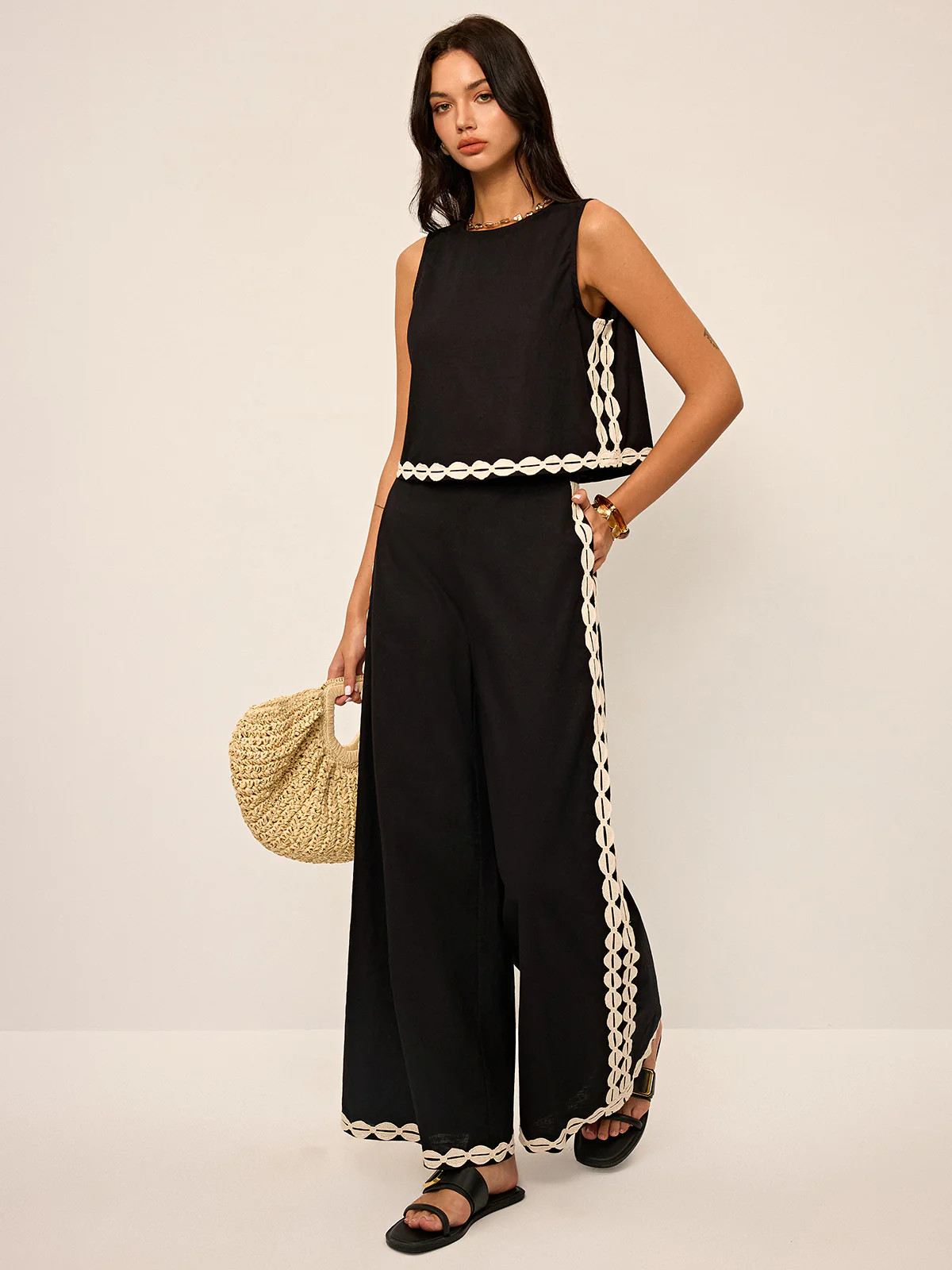 Cotton & Linen Contrast Trim Pants Set | Commense