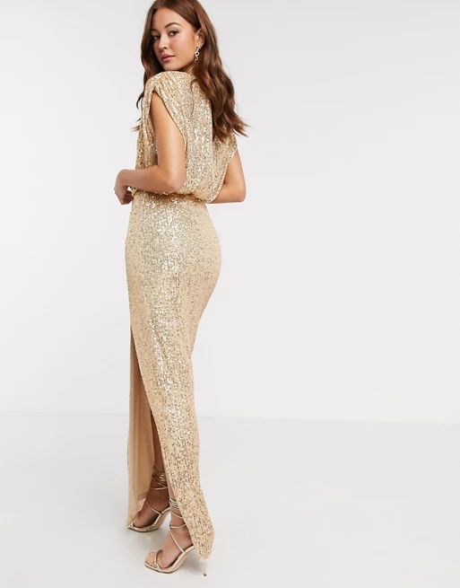 TFNC sequin wrap front maxi dress in gold | ASOS (Global)