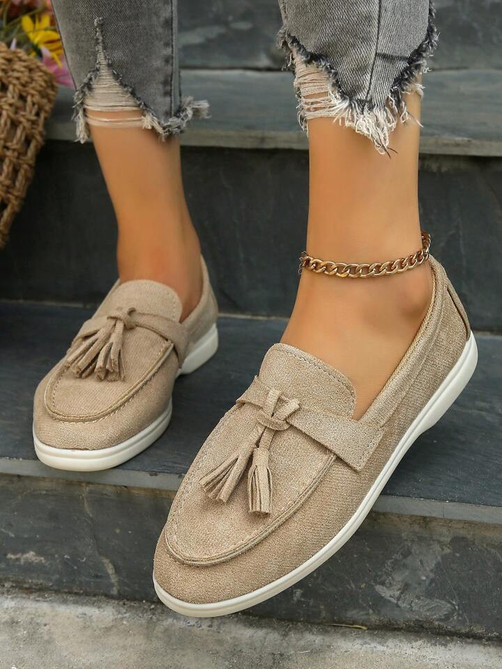 Women Casual Khaki Tassel Comfortable Flat Loafers, Sneakers, Boat Shoes | SHEIN