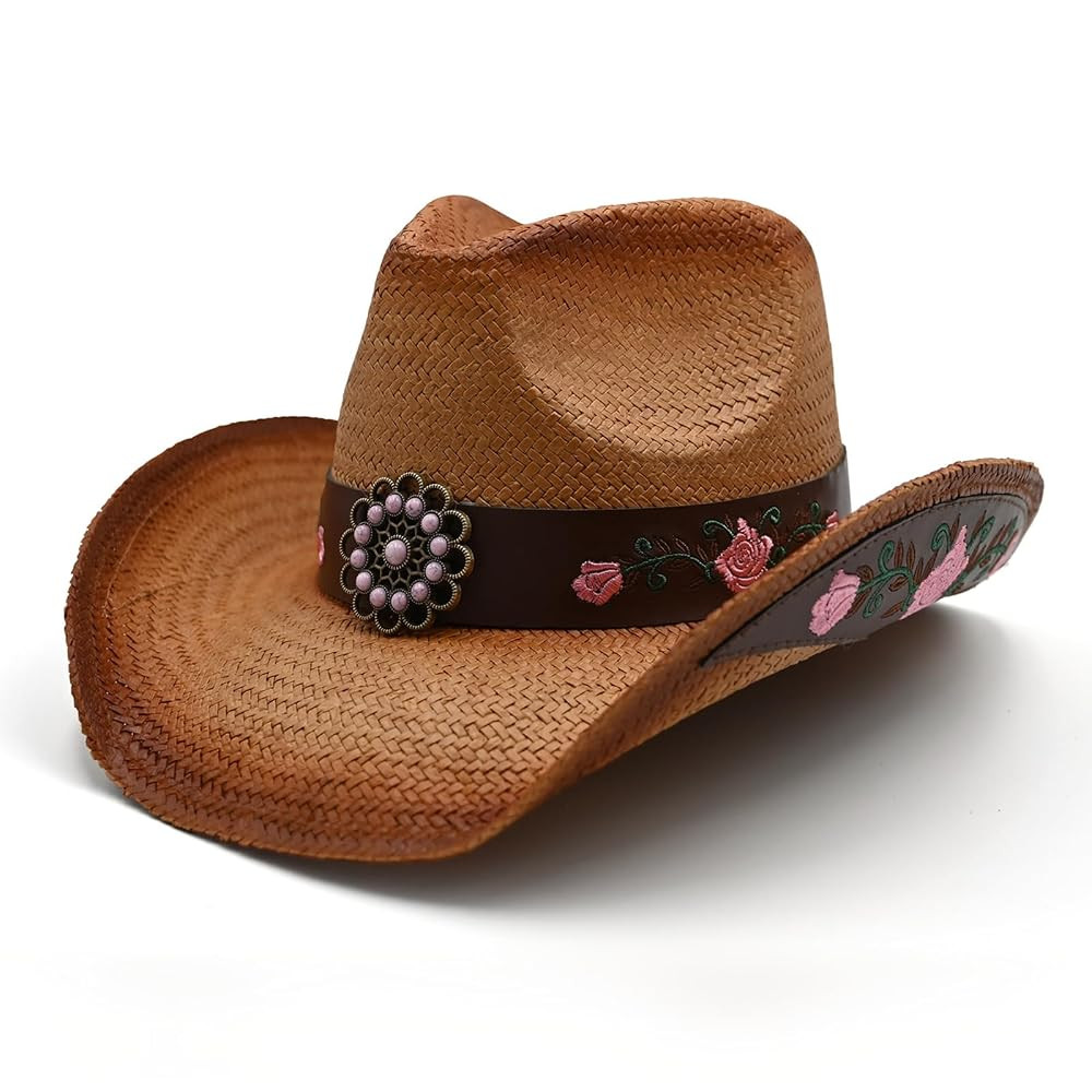 Men's Women's Straw Cowboy Hat Cowgirl Woven Sun Hat Western Cowboy Hat Two Decorative Bands | Amazon (US)