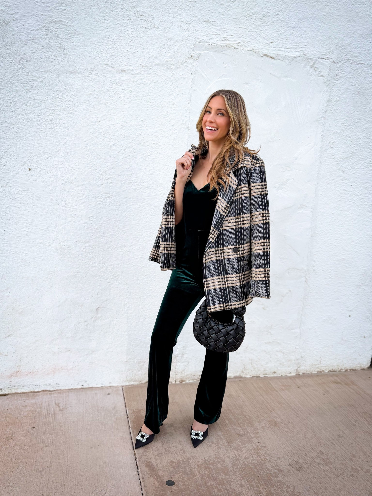 Completely obsessing over each of these pieces! 
Romper fits true to size with adjustable bow tie straps. Plaid blazer, I sized up for an oversized look and to wear sweaters under, shoes are so comfortable and I love the rhinestone detail.

#LTKFindsUnder100 #LTKPetite #LTKHoliday