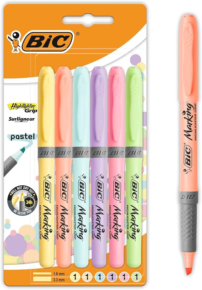 BIC Highlighter Grip Pastel, Highlighter Pens with Adjustable Chisel Tip, Rubber Grip for Extra C... | Amazon (US)