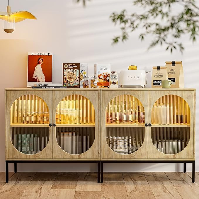 IKIFLY Modern Set of 2 Glass Storage Cabinet, Sideboard Buffet Cabinet with LED Lights and Adjust... | Amazon (US)