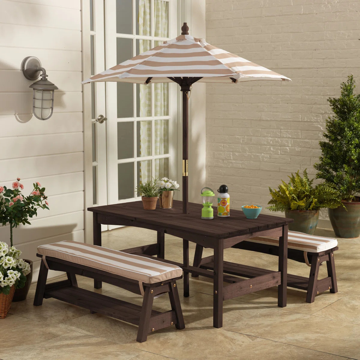 Outdoor Wooden Table & Bench with Cushions and Umbrella, Espresso | Wayfair North America