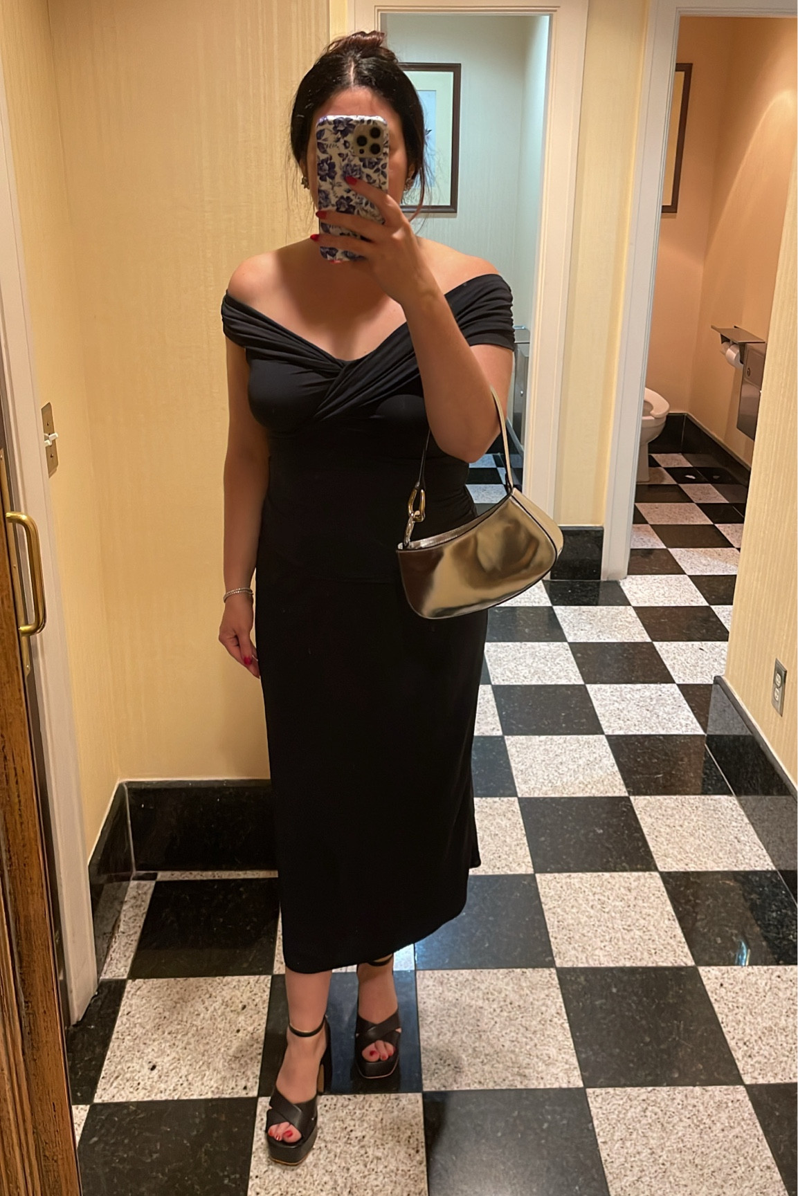 fall date night midsize postpartum outfit 

black off the shoulder top - size L, fits TTS
black satin maxi skirt - size M, fits TTS
silver handbag
black open toe platform heels - fit TTS

#LTKSeasonal #LTKMidsize #LTKItBag