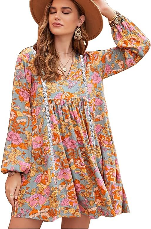 Laqeyko Women Bohemian Dress Floral Print V Neck Bishop Sleeve Summer Lace Smocked Casual Beach B... | Amazon (US)