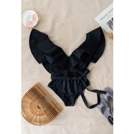 Plunging V-Neck Ruffle One-Piece Swimsuit in Black | Chicwish