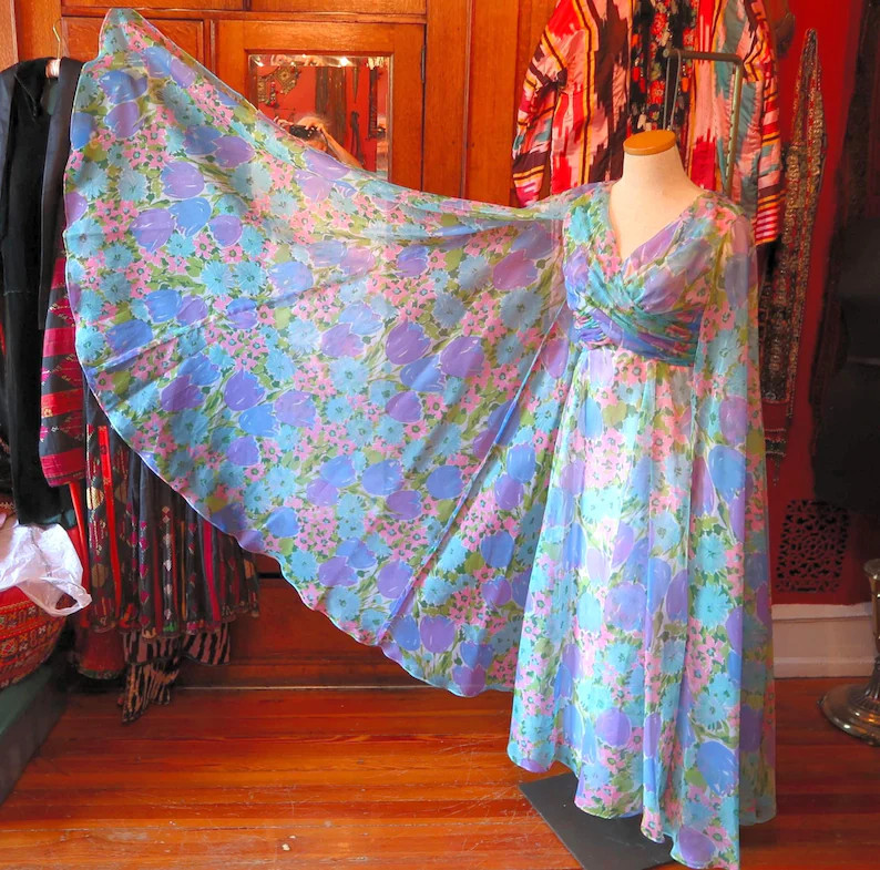 Rare Showstopping 70s Sheer Floral Print Sleeveless Layered Long Dress w/HUGE Attached Full Lengt... | Etsy (Global)