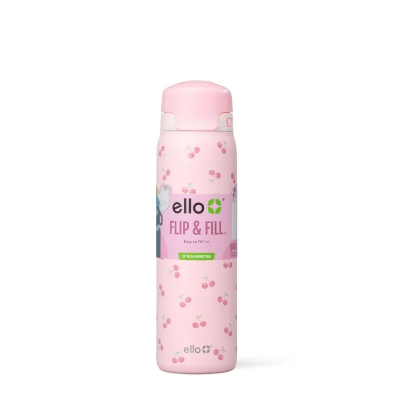 Ello Flip & Fill 22oz Insulated Stainless Steel Water Bottle, Leak-Proof Straw Lid, Cherries | Walmart (US)