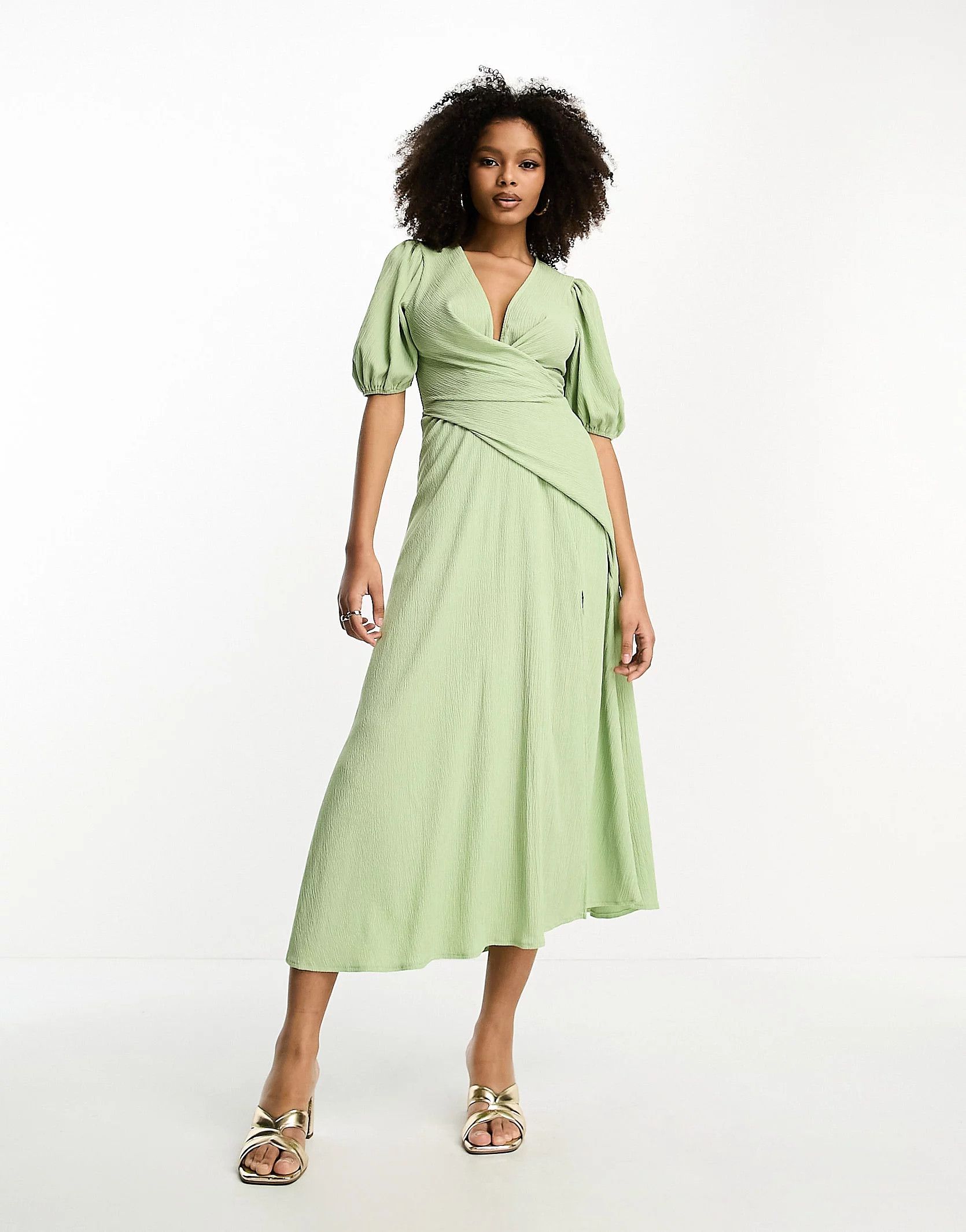 ASOS DESIGN puff sleeve pleat drape midi dress in mint | ASOS (Global)