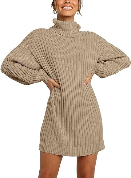 YIBOCK Women Turtleneck Sweater Dress Long Lantern Sleeve Casual Loose Oversized Winter Knit Pull... | Amazon (US)
