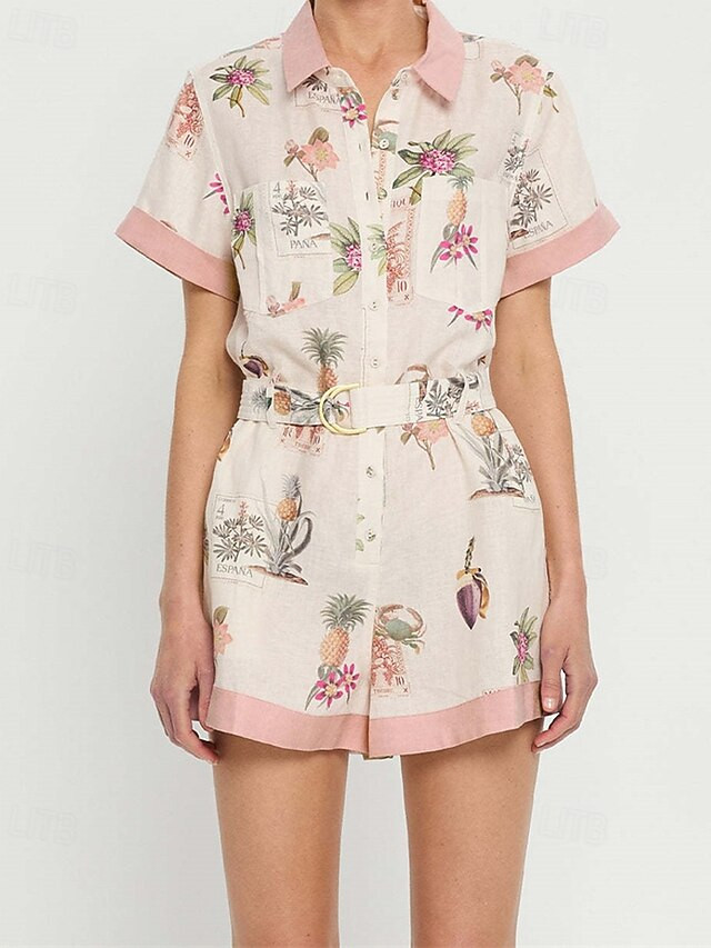 Women's Normal Romper Active Floral Short Sleeve T-shirt Sleeve Baggy Shorts Shirt Collar Pocket ... | Lightinthebox