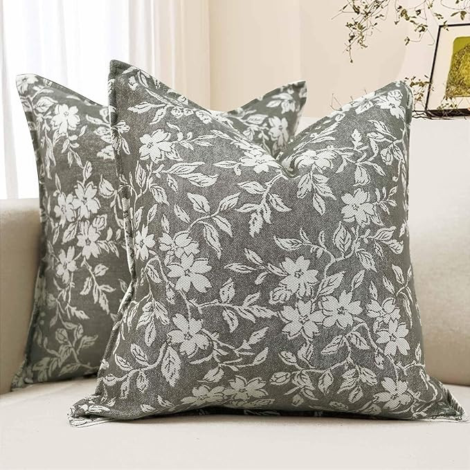makkey Gray Floral Pillow Covers 18x18 Pack of 2 Pillow Cover Jacquard Couch Pillows Vintage Flow... | Amazon (US)