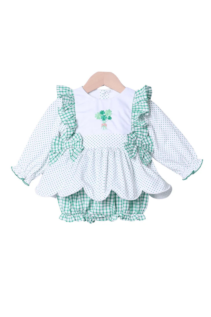 Embroidered Four Leaf Clover Swiss Dot Scalloped Skirted Bubble | The Smocked Flamingo