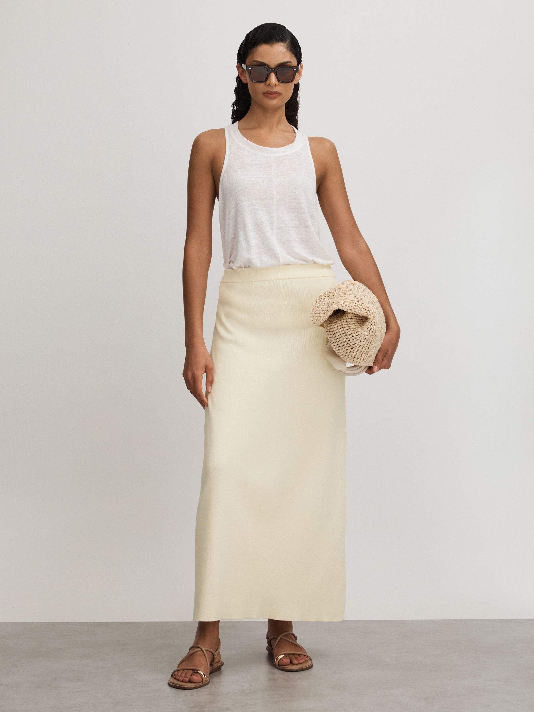 Reiss Ines White Anna Quan Knitted Cotton Midi Skirt - REISS | Reiss UK