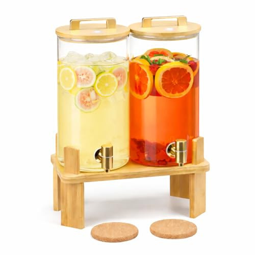 1.5 Gallon 2PCS Glass Drink Dispenser for Parties,Beverage Dispenser with Wooden Stand, Lemonade Dispenser,Juice Containers & Water Pitcher with Lid for Lemonade, Iced Tea and Party Drinks | Amazon (US)