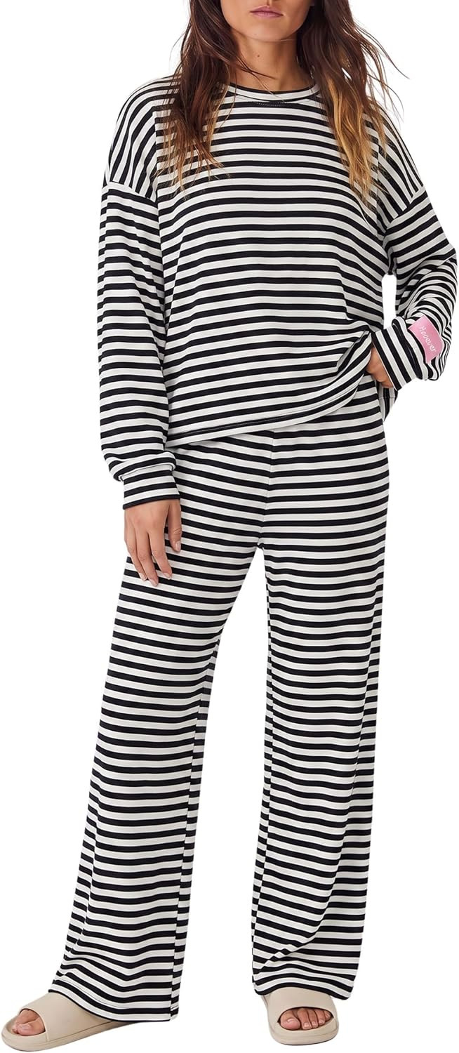 Hooever Women's Oversized Striped 2 Piece Outfit Long Sleeve Crew Neck Top Wide Leg Loungewear Pants | Amazon (US)