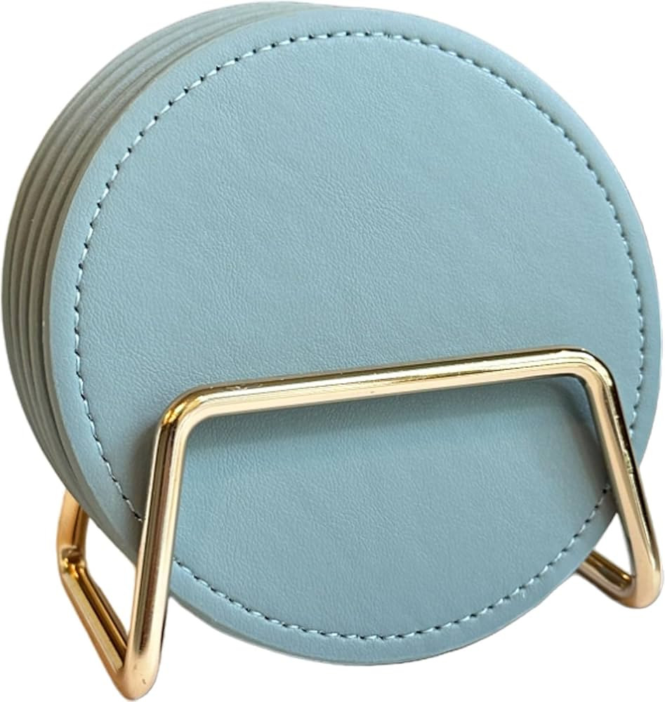 Cute Leather Coasters, Set of 5 Round Coasters with Gold Holder, Kawaii Coasters with Heat-resist... | Amazon (US)