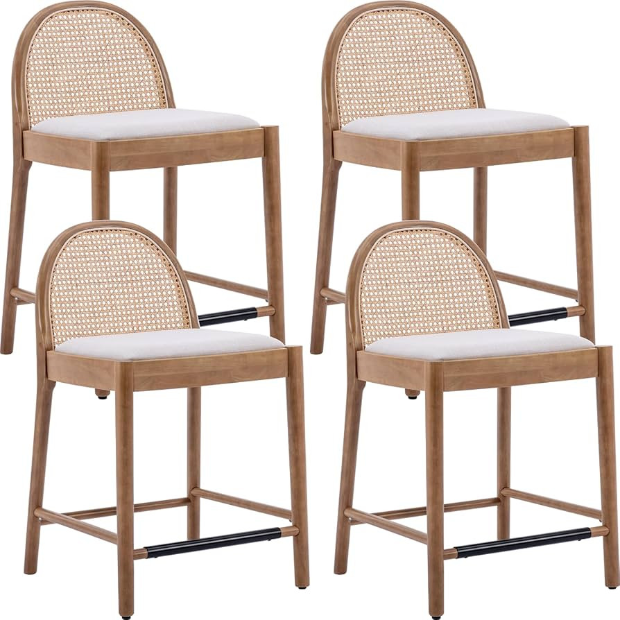 Mid-Century Bar Stools Set of 4, 26 Inch Rattan Back Linen Counter Height Barstools Comfy Upholst... | Amazon (US)