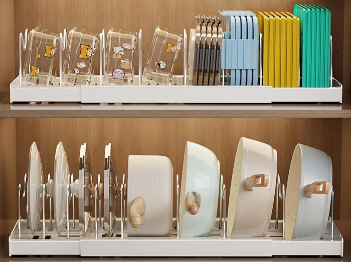 2 Pack Pots and Pans Organizer Under Cabinet, 22" Expandable Food Storage Container Lid Organizer... | Amazon (US)