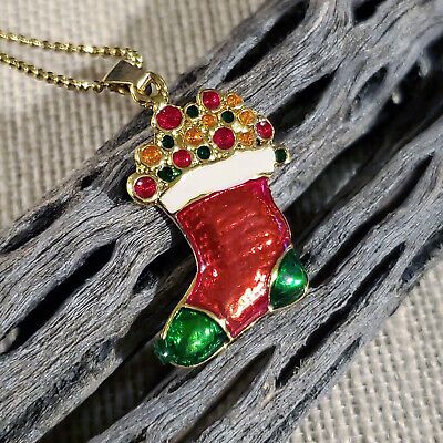 Christmas Stocking Red Green Gold Enamel Holiday Pendant Necklace | eBay US