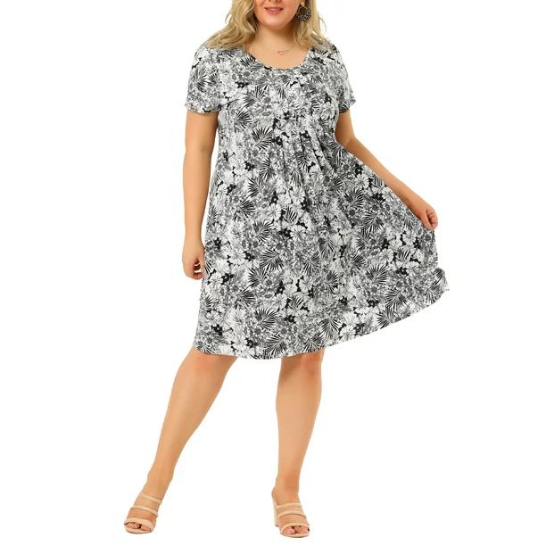 Agnes Orinda Women's Plus Size Spring Short Sleeve Relaxed Fit Floral Print Knee Length Midi Dres... | Walmart (US)