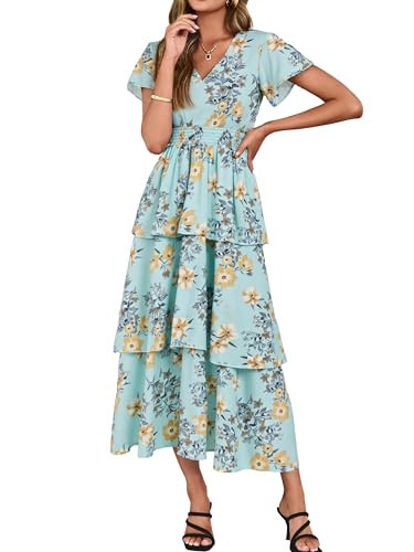 Simplee Women Floral Summer Maxi Dress Boho Flowy Ruffle Tiered Short Sleeves V Neck Long Wedding Guest Dresses Green Yellow Floral M | Amazon (US)