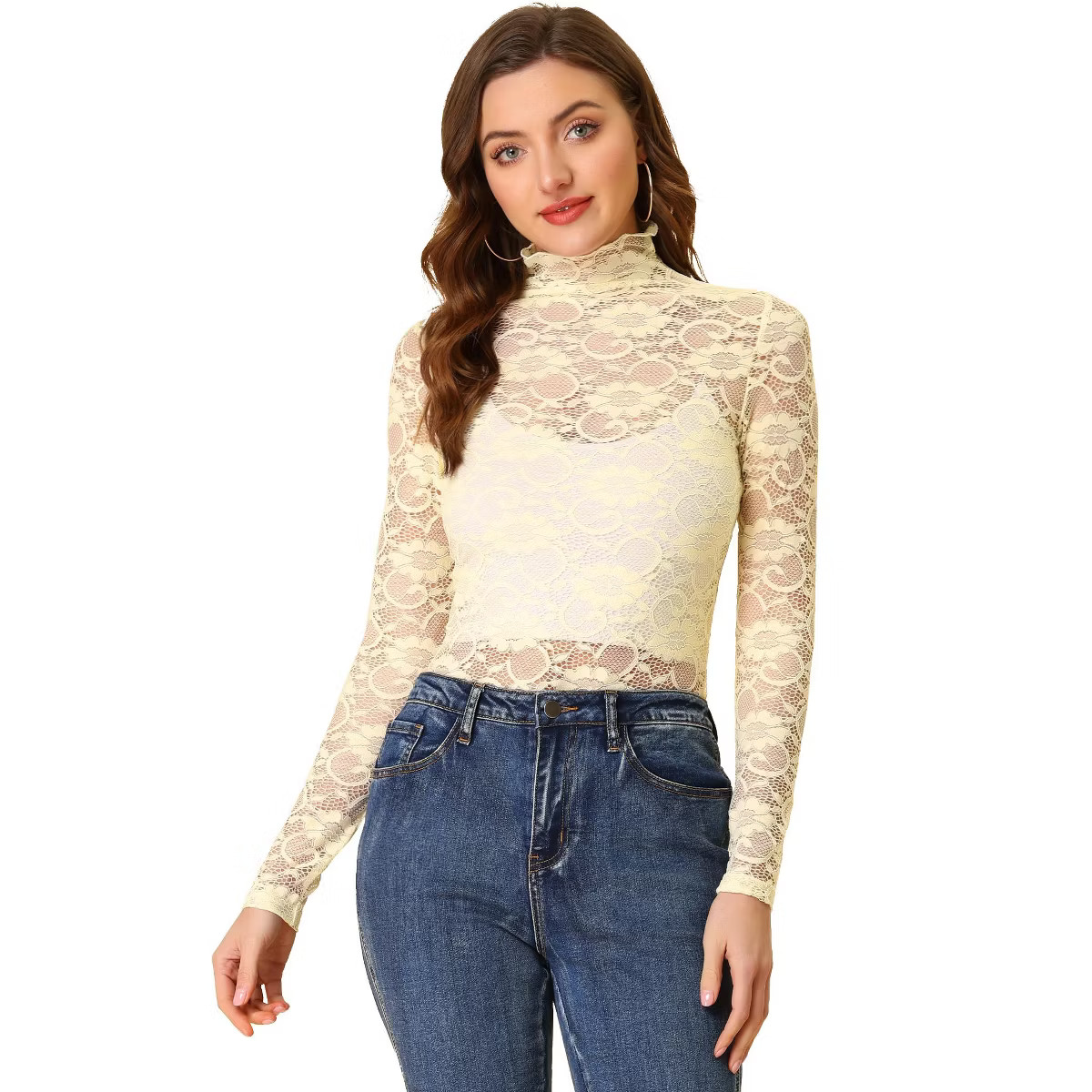 Allegra K Women's See-Through Long Sleeve Turtleneck Sheer Floral Lace Blouse Small Beige | Target