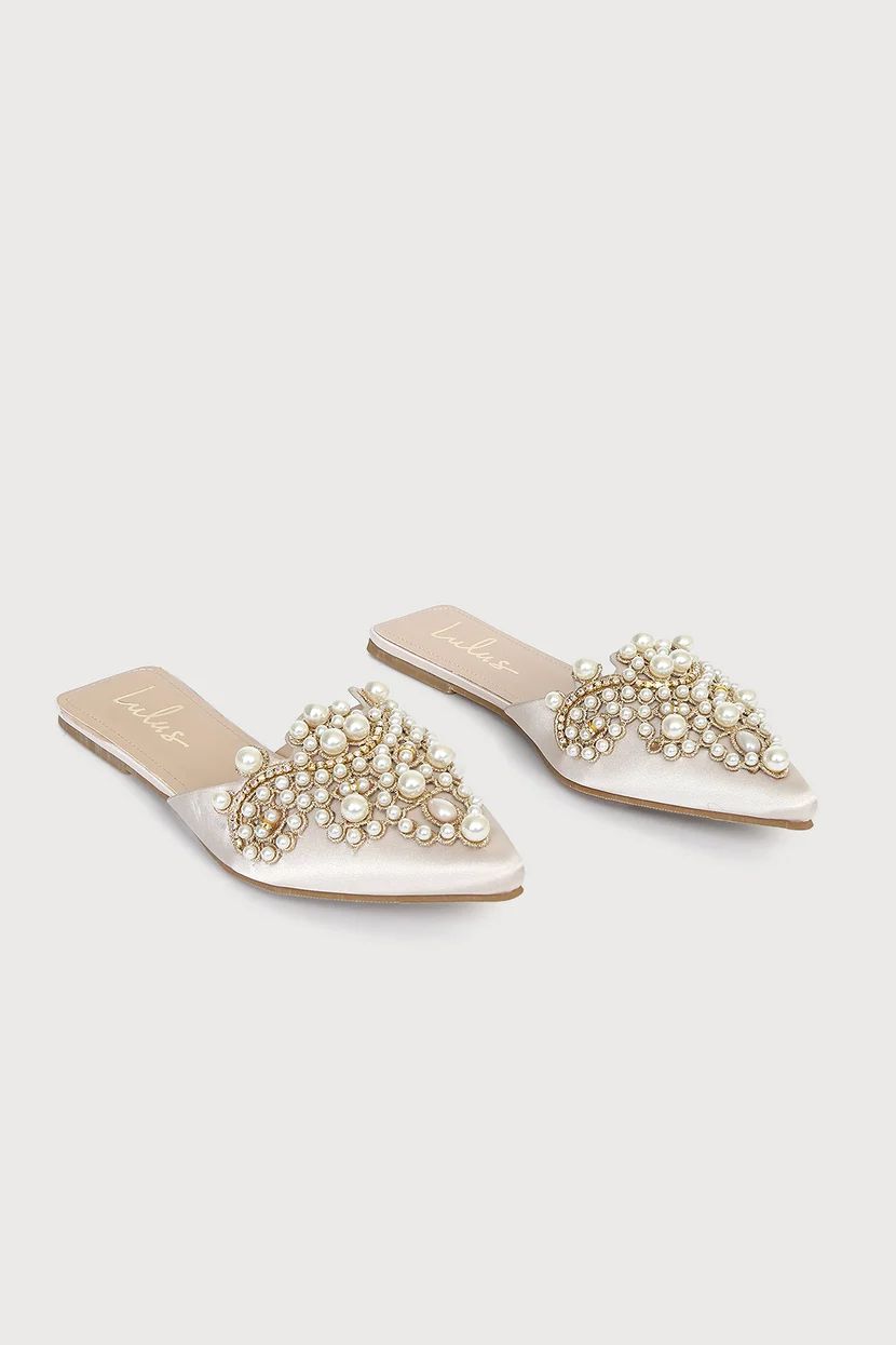 Flora Ivory Satin Pearl Embroidered Pointed-Toe Flats | Lulus (US)