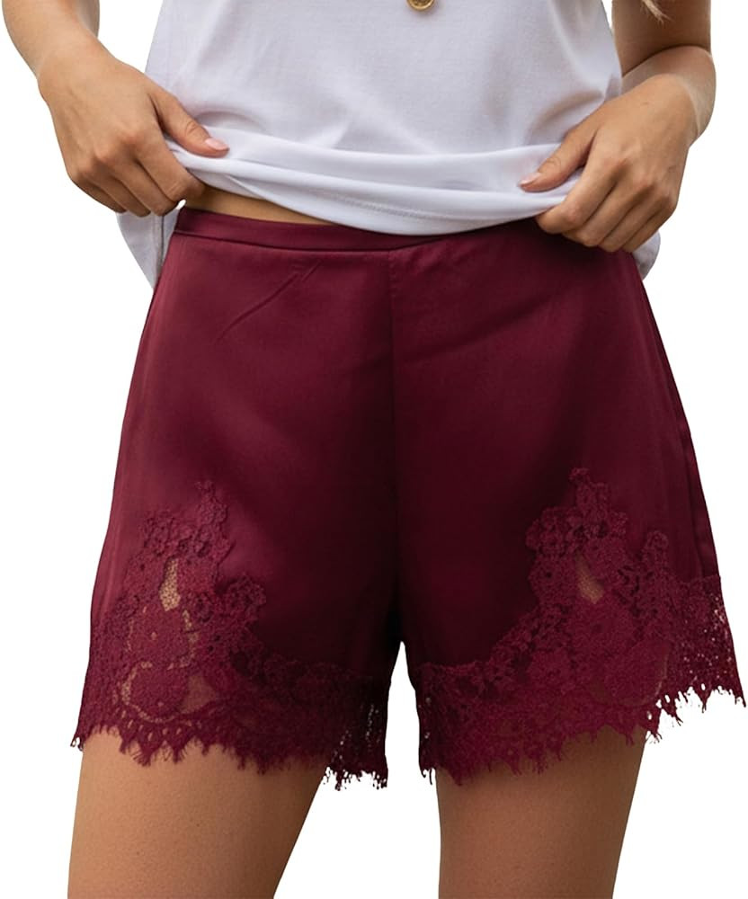 Women Lace Trim Satin Shorts Y2k Shiny Elastic Waist Side Zip-Up Solid Color Mini Pajamas Shorts | Amazon (US)