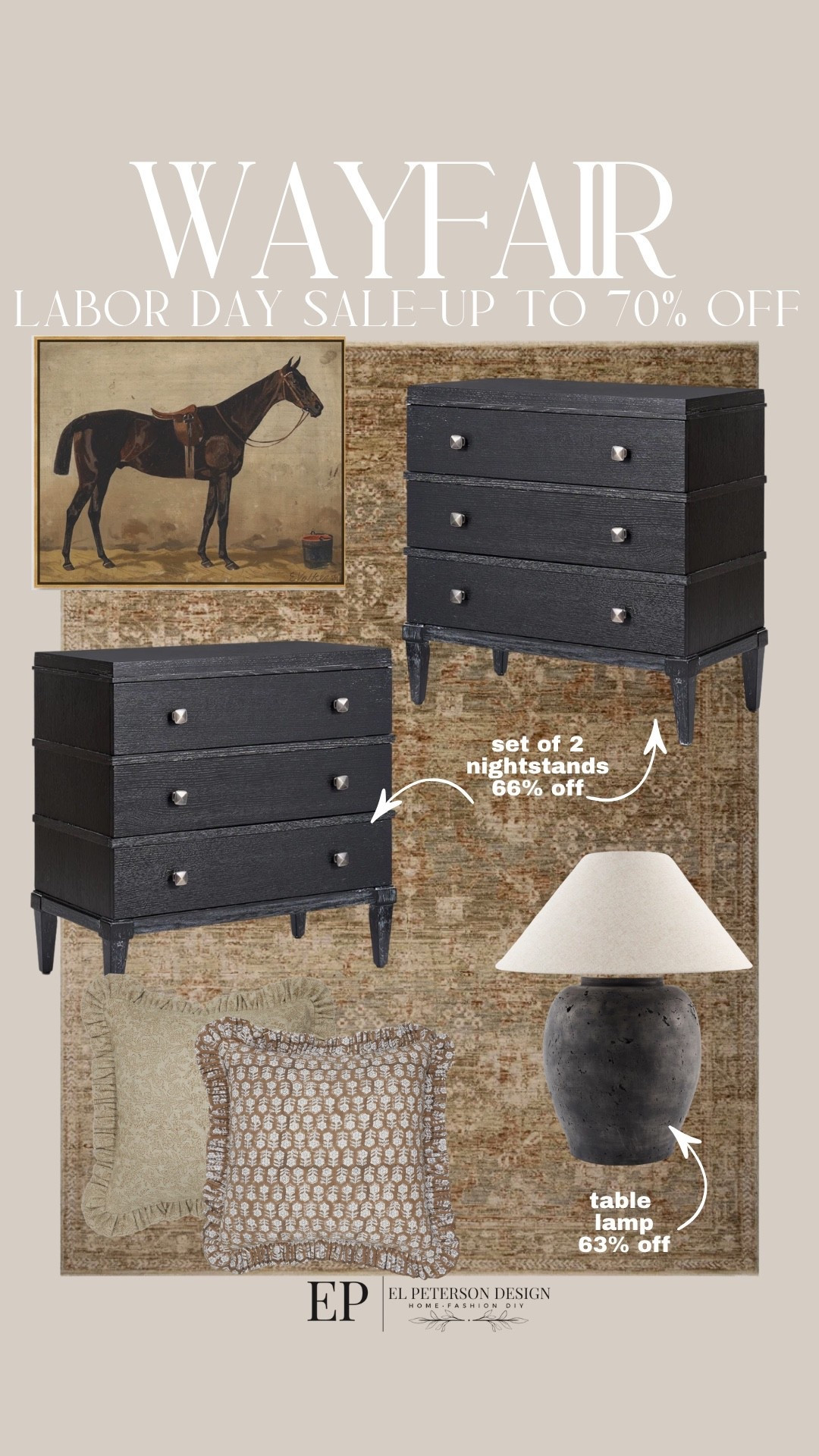 Wayfair Labor Day Sale
Set of 2 nightstands
Table lamp
Rug
Artwork
Pillows

#LTKHome #LTKSaleAlert