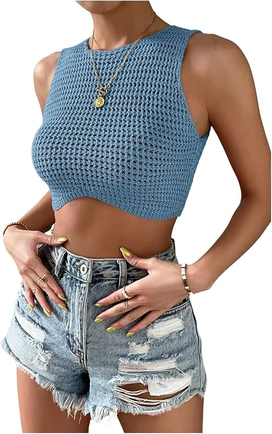 GORGLITTER Women's Crochet Cropped Vests Top Hollow Out Crewneck Sleeveless Trendy Knit Tank Tops | Amazon (US)
