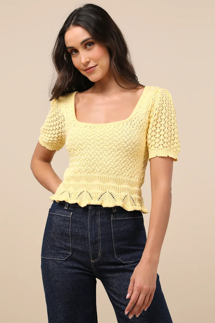 Lucky Cutie Bright Yellow Crochet Short Sleeve Sweater Top | Lulus