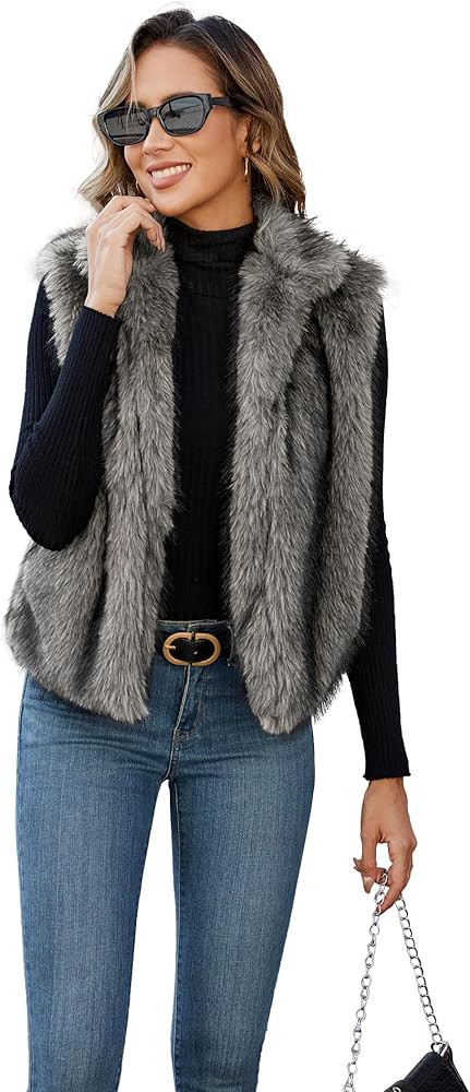 Womens Faux Fur Vest Stand Collar Sleeveless Open Front Cardigan Top Fuzzy Coats Jacket Fluffy Ou... | Amazon (US)