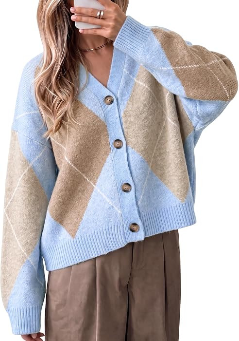 Cicy Bell Women Plaid Color Block Cardigan V Neck Long Sleeve Knit Sweater | Amazon (US)