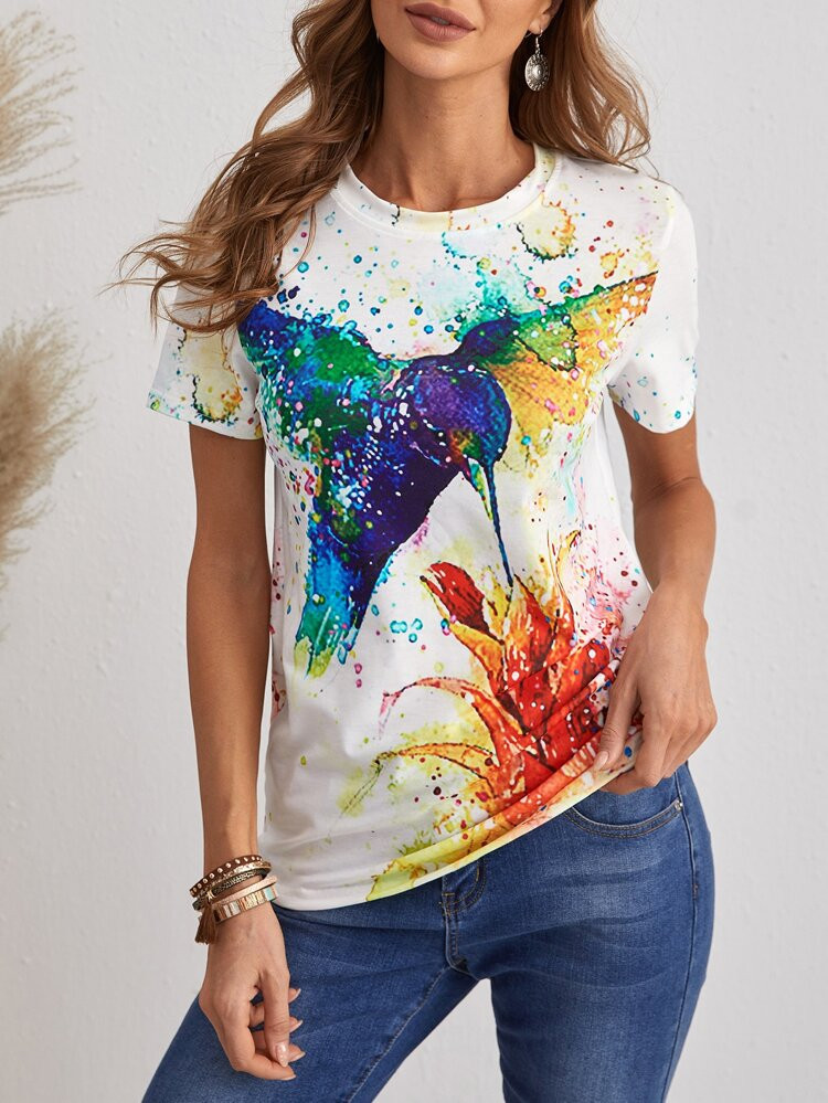 EMERY ROSE Watercolor Print Round Neck Tee | SHEIN