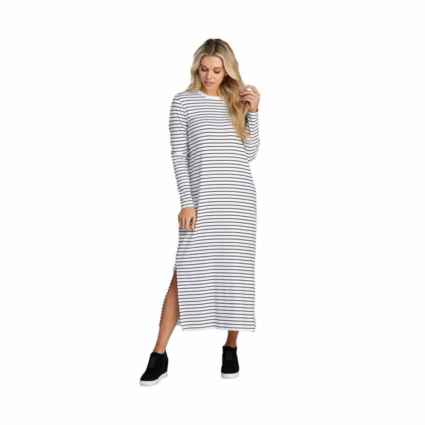 Owen Long Sleeve Midi Dress in White & Gray Stripe | Mud Pie (US)