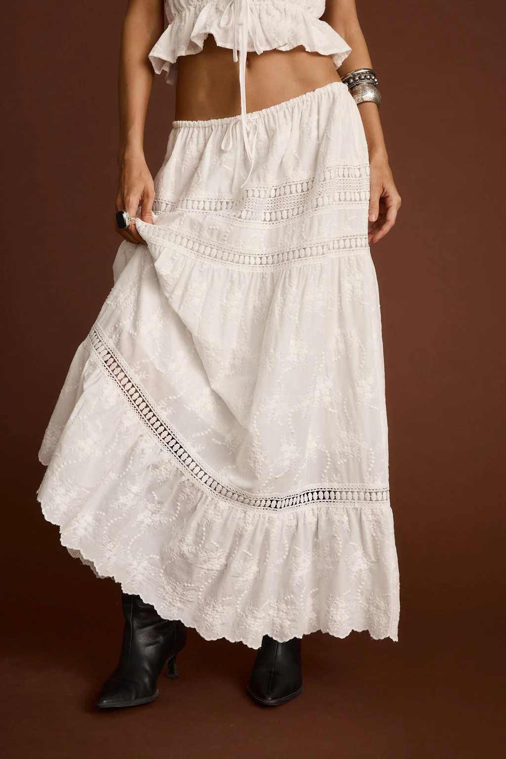Women's White Embroidered Maxi Skirt | 12th Tribe | 12th Tribe
