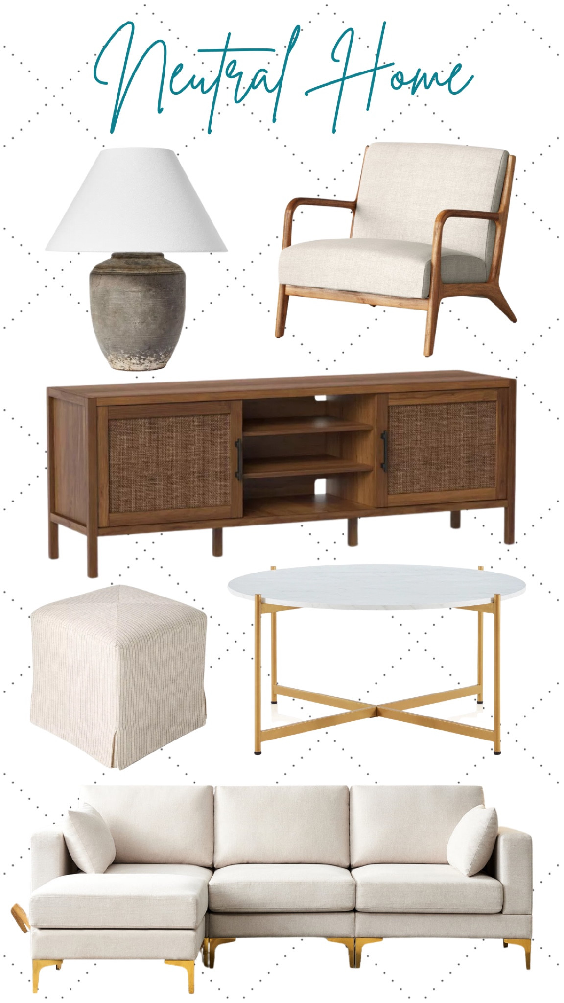 Home decor neutral 
Media cabinet 
Coffee table 
Ottoman 
Table lamp 
Arm chair 

#LTKFind #LTKsalealert #LTKhome