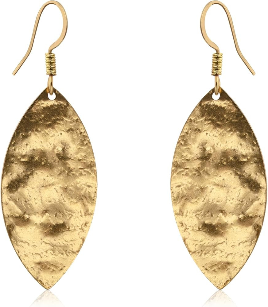 Hammered Gold Leaf Earrings for Women 14K Gold Plated Handmade Earrings Hypoallergenic Unique Ear... | Amazon (US)