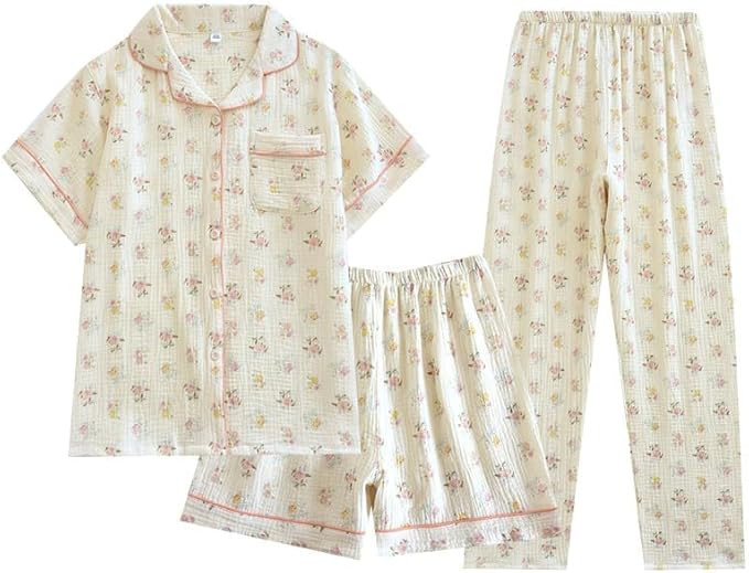 Womens 3pcs Cotton Pajamas Set Short Sleeve Sleepwear Fruit Print Cute Pj Set with Long Pants | Amazon (US)