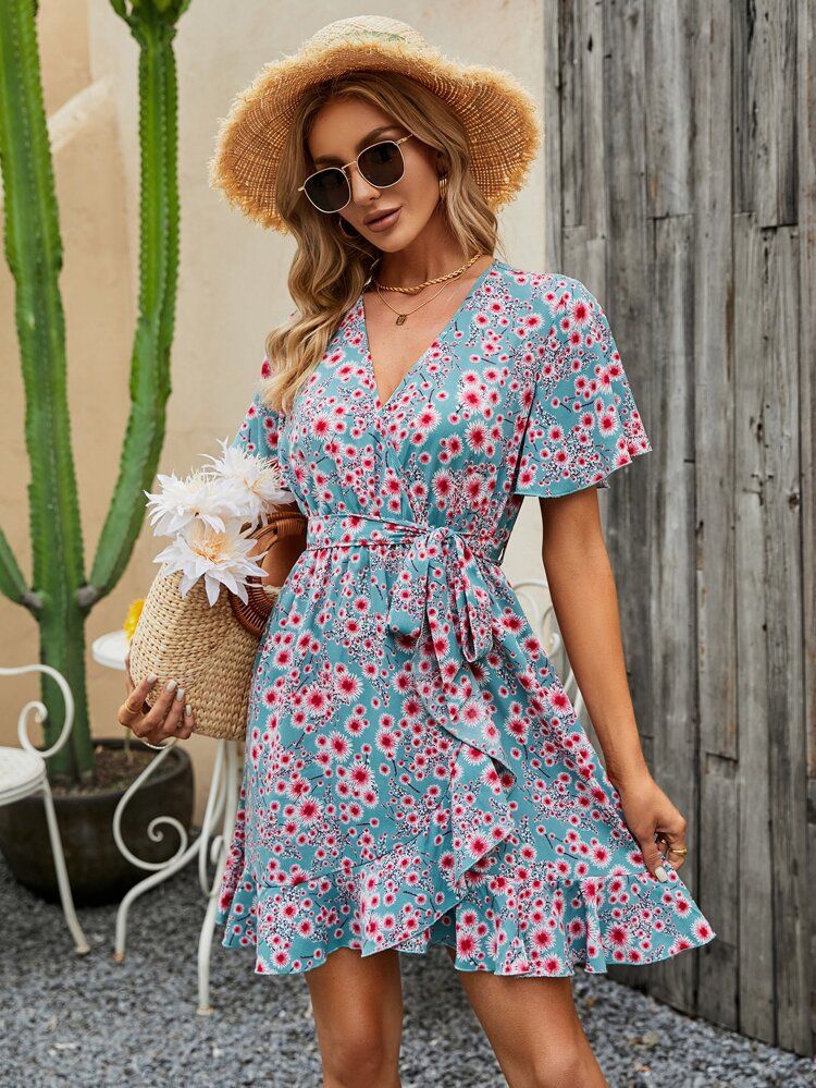Floral Print Butterfly Sleeve Ruffle Trim Wrap Belted Dress | SHEIN