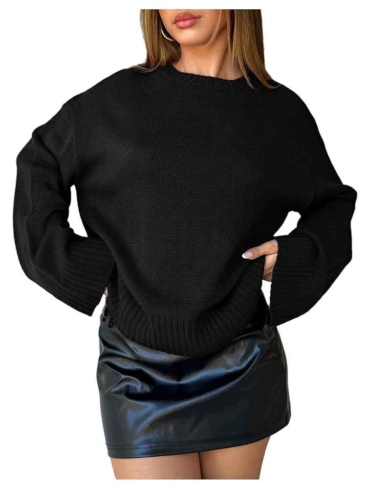 OYOANGLE Women's Long Sleeve Drop Shoulder Sweater Crew Neck Loose Fit Pullover Top Knitwear | Amazon (US)