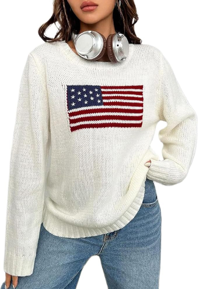 Women's American Flag Sweater Casual Loose Long Sleeve Knit Pullover 4th of July Jumper Top | Amazon (US)