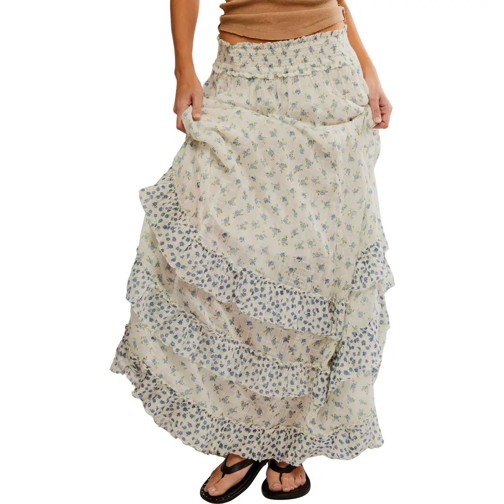 Free People Brynn Mixed Floral Tiered Cotton Blend Maxi Skirt in Ivory Combo- Ditsy at Nordstrom, Size X-Large | Nordstrom