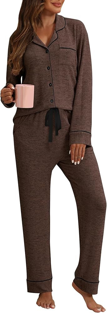 Pajamas For Women Set Pj Pants Set With Pockets Button Up Lounge Set 2 Piece Pjs Long Sleeve Slee... | Amazon (US)